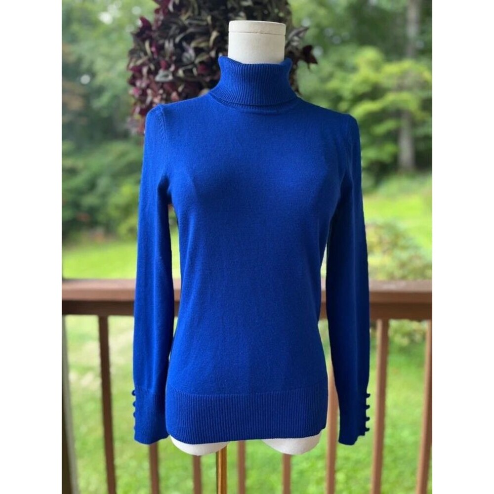 Cable & Gauge Cobalt Blue Turtleneck Sweater Small Petite Button Cuffs